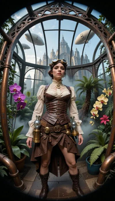 An ultra-detailed, wide-angle photograph—shot with an 18mm fisheye lens—featuring a steampunk-style female botanist inspired by the worlds of François Schuiten and Jules Verne, in a greenhouse.

She stands at the center of a gigantic, retro-futuristic 19th-century greenhouse, constructed from a complex framework of riveted wrought iron, patinated copper piping, and large, clear glass panes.

The woman wears an elaborate outfit, a structured brown leather corset with visible stitching, an ecru lace blouse with a high collar, retro brass-and-leather goggles pushed up onto her forehead, a leather harness fitted with small botanical tools and glass vials, and an asymmetrical skirt draped over buckled boots. Her instruments blend science and alchemy.

The greenhouse interior—featuring metal architecture reminiscent of Victorian railway stations—is a lush, humid tropical jungle filled with immense, brilliantly colored exotic orchids and tree ferns. Fine mist escapes from brass pipes, creating an atmospheric haze pierced by dramatic shafts of light.

Through the greenhouse's slightly fogged windows, a monumental city is visible in the background, blending steampunk aesthetics, the colossal buildings of *Metropolis*, and Bauhaus design. In the late-afternoon sky, several majestic zeppelins drift gently between spires reminiscent of those in the film *Metropolis*.

Cinematic chiaroscuro lighting, 35mm film grain, and hyper-realistic textures of glass, metal, skin, and vegetation.