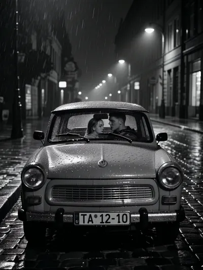 Photorealistic black and white street scene, East Berlin 1980, a lonely cobblestone street at night in the GDR. Rain falls steadily and leaves the street slick, reflective and uneven. The entire setting feels underlit and neglected. Authentic DDR atmosphere. Far too few street lamps. Large stretches of darkness between weak pools of light. Oppressive low-key lighting, deep blacks, strong contrast, rich grayscale tonal separation. Fine film grain, subtle mist and rain haze. In the foreground stands a Trabant 601, model year 1979, highly detailed and historically accurate, wet bodywork, rain droplets on the paint, realistic chrome details, windshield wipers, window reflections, and visible texture on the glass. A historically accurate East German license plate reading, "TA 12-10", black embossed letters on a white metal plate, no modern EU stripe. slightly dirty and rain speckled, inside and partially framed through the windows of the Trabant is a young couple, the woman, 25 years old, and the man, 23 years old. Standing close together in an intimate, tender moment. Their faces, clothing, skin texture and hair rendered with high detail. The foreground details remain clearly visible, the wet cobblestones, the Trabant surfaces, reflections in the glass and the couple's expressions. The mood is melancholic, intimate and cinematic. With a sense of isolation, quiet romance and historical authenticity. Masterpiece. Ultra-detailed, highly atmospheric, realistic textures, strong depth, documentary realism, premium composition.
