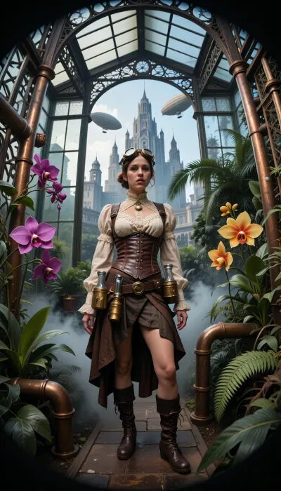 An ultra-detailed, wide-angle photograph—shot with an 18mm fisheye lens—featuring a steampunk-style female botanist inspired by the worlds of François Schuiten and Jules Verne, in a greenhouse.

She stands at the center of a gigantic, retro-futuristic 19th-century greenhouse, constructed from a complex framework of riveted wrought iron, patinated copper piping, and large, clear glass panes.

The woman wears an elaborate outfit, a structured brown leather corset with visible stitching, an ecru lace blouse with a high collar, retro brass-and-leather goggles pushed up onto her forehead, a leather harness fitted with small botanical tools and glass vials, and an asymmetrical skirt draped over buckled boots. Her instruments blend science and alchemy.

The greenhouse interior—featuring metal architecture reminiscent of Victorian railway stations—is a lush, humid tropical jungle filled with immense, brilliantly colored exotic orchids and tree ferns. Fine mist escapes from brass pipes, creating an atmospheric haze pierced by dramatic shafts of light.

Through the greenhouse's slightly fogged windows, a monumental city with dizzying architecture is visible in the background, blending steampunk aesthetics, the colossal buildings of *Metropolis*, and Bauhaus design. In the late-afternoon sky, several majestic zeppelins drift gently between spires reminiscent of those in the film *Metropolis*.

Cinematic chiaroscuro lighting, 35mm film grain, and hyper-realistic textures of glass, metal, skin, and vegetation.