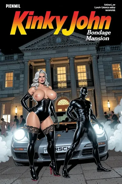 Magazine "Kinky John" "Bondage Mansion" Background, grand English country mansion at night, spotlights in the ground uplighting the stone facade, massive front door with Doric columns, warm lights glowing in windows, blurred silhouettes of nude party guests in the lower ballroom. Bondage SEX, BDSM SEX, Lighting, dramatic chiaroscuro, contrasting deep night shadows with warm golden interior light and stark white exterior spotlights, cinematic composition, opulent atmosphere, rich colors, intricate fabric textures of satin and lace. Smokey misty atmosphere. Comic Style, (detailed pen and ink sketch:2), extremely stylized background, An illustration in a bold, graphic style, (Sin City), dim lighting, The artwork uses soft-contrast linework and cross-hatching for texture and depth, with a stark, graphic quality reminiscent of French adult comix.
a voluptuous BBW older MILF Latex Domina with gigantic massive breasts, large ariolas, puffy nipples, standing by her PORSCHE. A male slave in full latex follows her on all four.