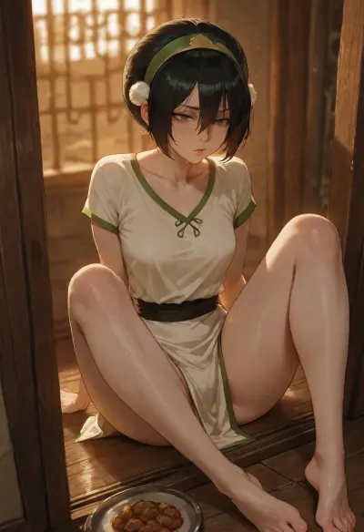 masterpiece, best quality, absurdres, newest, highres, very aesthetic, 1girl, solo, toph bei fong, avatar the last airbender, mature female, adult, nsfw, pale skin, black hair, short hair, bangs, green eyes, blind, sitting on floor, looking toward sound, small breasts, athletic, prison clothes, simple tunic, hiked hem, barefoot, metal floor, through doorway, through window, meal slot, food slot, small rectangular opening, metal door, iron frame in foreground, prison cell, dim torchlight, heat haze, sweat, dramatic lighting, depth of field, detailed face, detailed eyes, intricate details