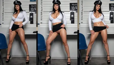 sexy curvy italian woman with long black hair and massive tits, full body, stripper in slutty police uniform with tight white blouse and a small black skirt, mugshot at a police station, big ass, perfect face, full lips, perfect green eyes, perfect toned legs, perfect feet, perfect fingers, her hands behind her back, no underwear, huge fake tits, huge errected nippes, blouse unbuttoned, skirt slipped up with visible pussy, platform high heel sandals, shy smile towards viewer, lifting her skirt with one hand to show pussy, (cum covered wet skin:1.9)