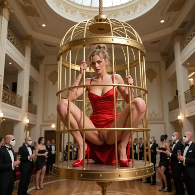 The camera floats at the exact height of the suspended large golden cage, positioned approximately twenty meters away, 10 meters from the floor, creating a full-body portrait of the imprisoned Jasmin while preserving the breathtaking height above the art deco ballroom. The cage hangs from a single thick rope attached to the very top of the high ceiling, gently swaying. Jasmin is shown completely from head to toe, her entire figure rendered in extraordinary photorealistic detail. Every facial feature, every finger gripping the golden bars, every scratch, rivet texture of the cage is perfectly visible. Beneath her, the art deco ballroom stretches far below across the frame. The guests in tuxedos and cocktail dresses appear as tiny distant figures moving beneath the cage, emphasizing the enormous vertical separation without reducing the prisoner to a tiny subject. The composition clearly establishes that she is suspended directly above the center of the ballroom, creating a powerful sense of exposure, isolation and dizzying height while maintaining a highly detailed full-body view. Jasmin crouching inside the cage, whole body inside the cage.

BY niight, in art deco huge ball-room, Jasmin totally confused, ((full body view)), wearing an incredibly elegant and sexy short asymetrical tight-fitting red silk dress with thin straps that, (completely covers her body), and red high hill louboutin stilettos. Messy hair bun, dirty blonde.

many men in tuxedo wearing white masks, many women in ball dresses wearing black ball masks standing in the room. All are mingling, talking in small groups of 3 or 4 individulas, holding champagne glasses. They barely look at Jasmin.

tired face, tired eyes, .score_9, score_8_up, score_7_up, masterpiece, original, maximum details, high resolution, ultra high detailed character, highly detailed, Perfect face, perfect body, perfect eyes, perfect pupils, perfect fingers, front view, full body view, (High, Resolution), (More, Details), (8K), best quality, ultra realistic, photorealistic, 8k, highly detailed skin texture, sharp focus, professional adult photography still from Lady Voyeurs, realistic skin, sharp details. cinematic erotic photography, natural colors. Jasmin is 35yo, 175 centimeters tall, very slender. long slender legs, Long oval face, clear blue eyes, small wrinkles around eyes, no make-up, freckles on face, freckles on body, skinny, very slim legs, ((very narrow waist and hips)), ((flat stomach)), busty, ((tiny narrow waist)), slight skin imperfections, very fair skin, dark golden blonde hair, messy hair bun.. . she looks confused, make-up on her face