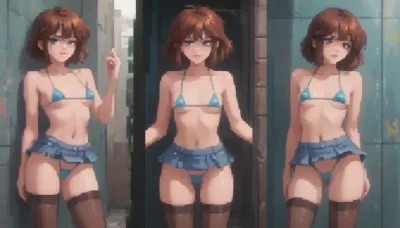 Stylized pixel art, bratty eighteen year old tight bodied girl, toned fit gym body, thick thighs, wide hips, pert round ass, toned stomach, small breasts, with long brown hair, wearing black glasses and a tiny crop top and string thong. She has a playful, cheeky expression, smirking flirtatiously, standing in a, (futuristic city alleyway, at night, lit by, neon light, refelections, rtx), her hands are against the wall and she is being, (fucked from behind by a man), . Vaginal penetration. Her outfit includes knee-high, micro bikini, micro skirt, thigh-high stockings. Retro anime pixel aesthetic, soft halftone shading, vibrant colours, black background, cute and energetic pose — 16-bit inspired sprite style., pixel, art, <lora:ratatatat74-000050:.2>, <lora:outline_xl_kohaku_delta_spv5x:.3>, <lora:cartoon_stickers_xl_v1:1.2>, <lora:NEOTOKIOXL_0.2_RC:.4>, <lora:pixel_stormXL:1>