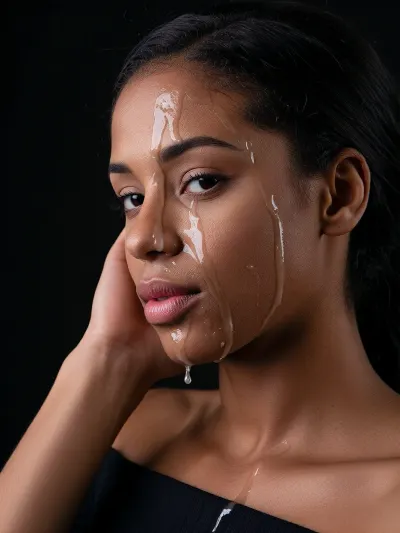 studio photo fond noir photo portrait d'une femme, portrait réaliste, lumière douce naturelle, visage net, cheveux coiffés, détails naturels, peau propre et très texturée, yeux bien définis, une femme noire ingénue de 22 ans superbe innocente jeune est assise penchée en avant le coude sur une table l'avant bras vertical le menton posé dans la paume de sa main elle est tournée de 3/4 face à l'objectif ses yeux tournés vers nous fixent l'objectif d'un air serein fier et énigmatique son visage est barré verticalement de nombreuses giclées de sperme épais et collant qui dégouline sur son nez et ses joues et ses lèvres, la texture est la densité du sperme sont variables elle est parfaitement coiffée et maquillée, vêtements chics, (prise de vue par canon 5D 35 mm f:6.2), speed 1/3 iso 200 focus sur le visage, photo exacerbant tous les détails du visage et les textures du sperme mettant l'accent sur l'émotion du personnage