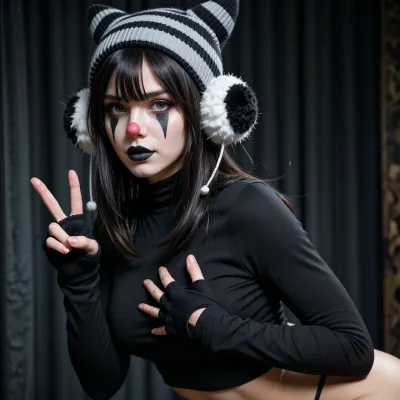 A photorealistic masterpiece, portrait shot visible from the waist up, captured from a, (dynamic side-profile angle, 45-degree over-the-shoulder view:1.4), . A stunningly beautiful young Caucasian woman in her early 20s. She is posing with, (intense athletic body tension, leaning her upper body sharply forward while twisting her torso dynamically to look back over her shoulder at the camera:1.4), . She has an, (extremely cute, innocent doll-like face with large wide curious eyes:1.4), looking slightly upwards into the lens with a soft, gentle, neutral pouty mouth. Her right hand is held close to her upper chest, (holding up exactly two fingers in a sharp V-shape victory peace sign, with her thumb and other fingers tightly curled into a closed fist:1.3), wearing a black fingerless glove. Highly detailed black and white clown makeup with a smooth white facepaint base, sharp black vertical diamond shapes over her eyes, bold black lipstick, and a tiny round red clown nose. Long straight raven-black hair with bangs, a striped black-and-grey knit beanie hat with cat-ears and, (two large prominent furry black-and-white pom-poms hanging down on cords next to her cheeks:1.4), . Voluptuous hourglass body, wearing a fully intact, high-neck long-sleeved thick solid black compression workout shirt. Dark moody curtain background, 8k, sharp focus.