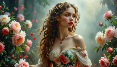 (Dark Fantasy Artwork), artistic, low angle, artistic painting in a watercolor and oil on parchment, 40 yo, belle caucasian female with long flowing curly hair, white off the shoulder top, flowing red floral patterned skirt, seductive gaze, red lips, delicate earrings, multiple necklaces and bracelets, red heart shape, dynamic effect through paint splashes and streaks, a cluster of large soft pink peonies with green foliage, warm colors, painterly texture, fantasy, natural beauty, gleaming ghostly gold, epically atmospheric fog, red ribbons, /KlTTY-ART/, <lora:COMFYUI_mimic_landscape_-_XL_SDXL v2.0:.1>, <lora:MJ52:.1>