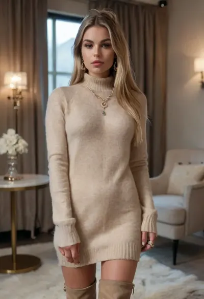 (masterpiece, best quality:1.2), 1 35yo woman, famous influencer, (she wears a beige mohair longsweater and overknee boots:1.4), indoors in a luxury boutique, long staight mid blonde ponytail hair, (styled with jewelry, earrings and watch:1.4), tall sporty and hourglass figure, bright blue eyes, photorealism, lal3xis, brown, hair, eyes, <lora:style_lora_realis:.5>, <lora:Lauren_Alexis-000009:.5>