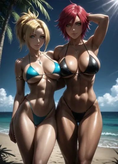 A woman with long bleach-blonde hair, smooth bronzed skin, piercing eyes, and an athletic build with large breasts and toned abs from Picture 1 stands on a sun-drenched beach. Opposite her, a woman with long crimson hair, fair skin, a slim body with massive breasts, and visible tattoos on her skin from Picture 2 stands tall and confident. Both women are wearing bikinis, Barb in white and Fiora in black, their bodies fully clothed in swimwear, standing in close proximity to each other.

Barb stands with her hands resting lightly on her hips, her posture relaxed and playful, her head slightly tilted as she locks eyes with Fiora. Fiora stands with a confident, no-nonsense stance, her physique taut and well-defined, her gaze meeting Barb's with a mutual, appraising look of interest. There is a palpable tension between them as they stand nearly touching, the sunlight catching the contours of their athletic and toned figures.

The setting is a pristine tropical beach with soft white sand, turquoise ocean water visible in the background, and swaying palm trees under a clear blue sky. A few empty lounge chairs and white umbrellas are scattered nearby, with the calm sea providing a gentle rhythm to the air.

Bright, warm, and natural sunlight illuminates the scene, casting soft, defined shadows that highlight the muscle tone and skin texture of both women. The atmosphere is vibrant, adventurous, and flirtatious, captured in a medium full-body shot that frames their interaction against the vast, serene ocean horizon. Photorealistic drawing, 32K resolution, intricate details, supreme render, cinematic lighting, focused, complex render, perfect contrast, photorealistic.