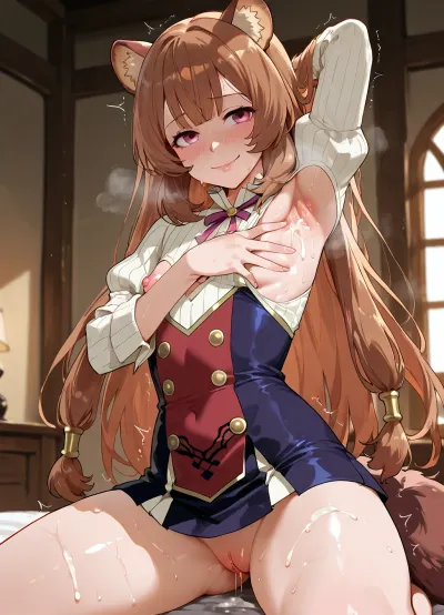 absurdres, details, look to young raphtalia, armpit cutout, tiny, unrealistically flat chest breasts, side boob, afterglow, seductive, nipple slip, dead crazy eyes, crazy smile, breathing, pussy juice, microskirt, trembling, spread armpit, arm up, sideways glance at viewer, blush, frown, sweat, bukkake, cum, <lora:MS_Real_XL_Bukkake:.8>