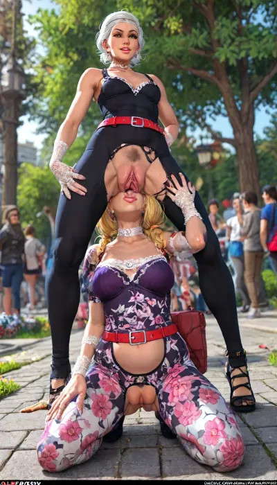 (Zoom on 3/4 body view:1.4), (2women:1.6), (different ages:2), (different weight:1.5), (kneeling mom licking stepdaughter's vagina from behind, cunnilingus:1.5), (old mature Mom and skinny petite young little Stepdaughter posing together:1.6), perfect makeup, blonde pigtails, sunhat, (red belt:1.3), is at a busy and crowded living public park, standing, walking, (She is wearing white floral crotchless thick Lycra bodysuit:1.2), (perfect white lace gloves:1.4), white choker, (vintage white lace big cups cutout bra:1.2), (white floral pantyhose:1.3), (big labia cameltoe:1.6), (gaping vagina:1.3), (glossyshiny skin:1.5), (crotchless thick Lycra bodysuit:1.4), (big pierced big nipples big rings:1.4), (25 years old stepdaughter), (55 year old mom), (thin waist), (Mom have hyper massive saggy boobs:1.5), perfect 2 legs, perfect 2 hands, (perfect 5 fingers), (only one elegant bag:1.2), no angle, no gradient, longnips, face_refiner, t1ff5nyt5l0r, 1woman, cunnilingus, 2girls, girl, licking, pussy, <lora:longnipsxl:2>, <lora:LCMTurboMix_Euler_A_fix:.4>, <lora:detailed_notrigger:2>, <lora:Tiffany_Taylor:2>, <lora:Cunnilingus XL:2>