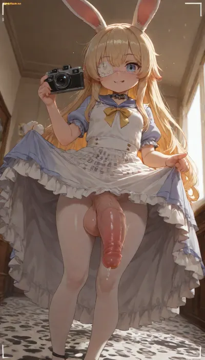 Shortstack, 40 yo shemale, small Anthro white bunny, Dwarf rabbit shemale, Furry bunny female antro, Blue and white dress with ruffles, cute white eye patch over the right eye, futanari, anthro white furry full body, extremely detailed penis, rabbit ears, small body, light blue eyes, blond hair, (flat chest), rabbit tooth, small butt, cute smile, blond long hair, bunny body, front view, medium breast, anal xxxl larger, extremely detailed eyes, ((white eye patch)), beautiful light blue eyes, ((fury eyes)), extremely detailed anus, alicecos, From the front view, she is well-groomed and well-behaved, it's hiding a, ((((flacid penis)))), in dress, ((Long penis pointing towards down, driping semen)), artist_name, lolitaFashion, <lora:alicecosXLv2:1.6>, <lora:futanari_XL:.8>, <lora:illustrious_styles_v3_vpred:1.2>, <lora:loli-ta:2>, (((Epic sum rise lighting))), ((She tries to hide her penis)), <lora:ahxl_v1:.8>, (((90cm penis))), (((((she have a huge flacid penis pointing toward The camera))))), She says, you're going to swallow it all!