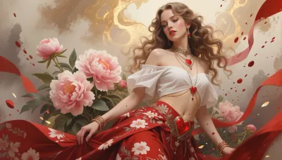 (Dark Fantasy Artwork), artistic, low angle, artistic painting in a watercolor and oil on parchment, belle Caucasian female with long flowing curly hair, white off the shoulder top, flowing red floral patterned skirt, seductive gaze, red lips, delicate earrings, multiple necklaces and bracelets, red heart shape, dynamic effect through paint splashes and streaks, a cluster of large soft pink peonies with green foliage, warm colors, painterly texture, fantasy, natural beauty, gleaming ghostly gold, epically atmospheric fog, red ribbons