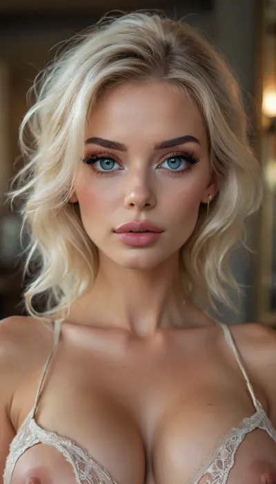 (masterpiece, 8k, intricate Texture and Detail, best quality, full body view), (42 years old sexy student), hot, sexy, gorgeous, (stunning feline eyes, highly detailed eyes, skyeblue eyes), long eyelashes, (heavy Eyeliner, heavy eyeshadow, heavy Mascara), sexy Make-up, cute nose, intense erotic eye contact, highly detailed voluminous lips, soft lips, highly detailed eyebrows, (highly detailed platinum-blonde hair, highlighted, voluminous hair, sexy updo), (skinny body:1.3), (slender body:1.3), (highly detailed skin-texture, tanned skin), (perfectly shaped huge artificial breasts), 4ng3l, face, <lora:SDXL_BetterFaces-LoRA_v1:.8>, <lora:Microwaist_XL_v01:.8>, but, <lora:BUT_SDXL_SHS:.8>