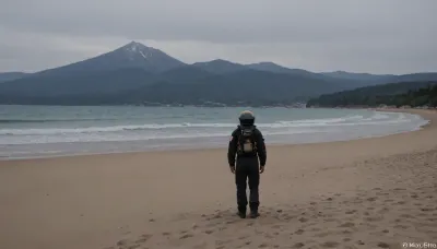 each color is solid and separated from the other by thin line of darker shade, bright yellow sand beach with dunes which contours outlined by dark brown lines in foreground flows into soft shapes of high mountains in background, their contours outlined by dark grey lines, sky is dark blue, turning into purple in distance, with red reflections over mountains, it must be evening, aquamarine of reservoir complete width of field of view separates beach from mountains on horizon, lonely small figure of human in bright silver metal spacesuit with black glass helmet stands in foreground on beach, lonely trail of footprints stretches across sand from human to edge of image, human moves away from viewer, visible from back or from aside, laconism and graphics in drawing of landscape evoke poster in constructivism style and enhance dramatic effect, is enhanced by light, which gives almost no shadows, image is symbol of loneliness and lostness in space