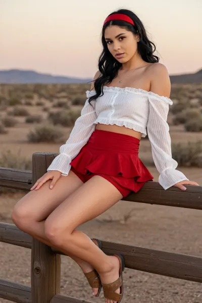 Chloe is a petite 20-something fair-skin small-breasted Latina with long wavy black hair. Chloe is wearing a see-through white cropped off-the-shoulder ruffled blouse and red ruffled skirt. Chloe is wearing leather flat sandals and red satin panties. Chloe is wearing a delicate silver crucifix around her neck. Chloe is wearing a red headband in her hair. Chloe is sitting sideways on the railing of a wooden fence of desert ranch at sunset, soft shadows, glowy luminescence, masterpiece, 3/4 front below view