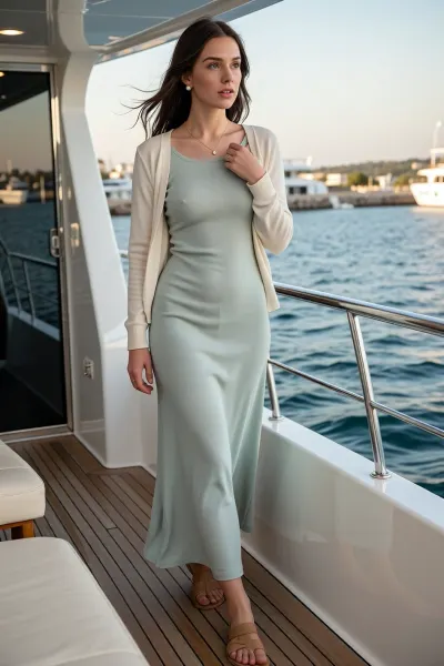 A photorealistic full body portrait of Hannah Mercer, a nineteen year old married woman standing on the teak deck of a luxury yacht at an elegant marina.

Hannah is petite and delicately built, with long dark blonde hair moving softly in the ocean breeze. She has clear blue eyes, fair skin, gentle features, and a thoughtful expression.

She wears a very modest full length pale sage dress that reaches the floor. The dress has long sleeves, a high neckline that completely covers her chest, no visible cleavage, and a loose shape that does not draw attention to her body. A cream cardigan is fastened over the dress even though the weather is warm.

She wears simple tan sandals, pearl earrings, a delicate gold necklace, and a plain wedding ring. Her makeup is minimal and natural.

Her clothing is attractive but noticeably more conservative than the clothing of the other yacht guests. One hand holds the cardigan closed near her collar out of habit. Her eyes are directed toward the open water, and her expression suggests curiosity about a world she has never been allowed to explore.

Behind her are polished teak flooring, white yacht seating, chrome railings, blue water, and a distant coastline in warm late afternoon sunlight. Cinematic psychological drama, subtle emotional tension, realistic skin texture, accurate adult proportions, shallow depth of field, no text, no logos.