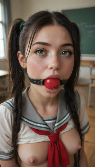 18 year old petite girl from school with straight long black hair, pigtails, wearing school uniform, in the classroom, green eyeliner, freckles, red lipstick, young face, big bright red plastic shiny massive ball gag, drool, saliva, rock hard nipples, ball, gag, spider, bit, ring, <lora:gagged-4e:1.5>, <lora:shibari_bondage_-_v0.9.1.2-000010:.8>