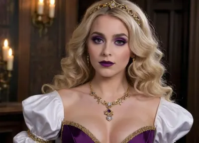 Harry Potter reality, steampunk setting, entourage of alternate fantasy Victorian era, Victorian young lady-witch, doll face, wavy long ash‑blonde hair, intricate hairstyle, (provocative dark-purple makeup:1.3), purple lipstick, provocative smile, gold tiara with diamonds, large bright blue hazel eyes, paper‑white skin, green Victorian gown dress, deep cleavage showing exposed nipples, (dark massive nipples, (gold nipple rings with diamonds)), exquisitely decorated magic wand sticking from decollete between breasts, puff‑sleeve sleeves, she looks fancy, in Hogwarts Yule Ball, everybody around stares at her lustfully