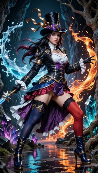 Ultra photorealistic, hyper realistic, live-action fantasy movie still, full-body photograph of a beautiful adult Japanese fantasy magician.

Long flowing black hair with burgundy-purple highlights, voluminous wind-swept hair, detailed individual strands. Classic elegant black silk top hat, tall straight cylindrical crown, flat top, wide horizontal brim, black and dark-navy satin texture, gold trim, ornate gold and purple decorations, luxurious brown-gold ribbons and curved ornaments flowing behind, clearly recognizable traditional silk top hat.

Beautiful realistic Japanese adult woman, natural facial proportions, detailed blue and reddish eyes with natural reflections, dark eyeliner, red eye makeup, subtle blush, glossy lips, realistic skin pores and texture, confident expression.

Intricate navy-blue and black fantasy costume, fitted jacket with elaborate gold embroidery, metallic ornaments, straps and buckles, white ruffled blouse and large frilled collar, fitted waist, dark purple and burgundy layered skirt, flowing fabric panels, white lace and ruffles, realistic leather, velvet, satin and metal textures.

Dynamic full-body action pose, legs spread widely in a dramatic diagonal stance, one leg extended toward the lower left and the other toward the lower right, knees bent, body and hips dynamically twisted. One arm raised holding an ornate fantasy weapon with a silver star ornament and white ruffles, opposite arm extended outward, natural hands and realistic anatomy.

Mismatched thigh-high stockings, one deep navy blue and one vivid crimson red, realistic fabric texture, straps and folds. Ornate dark blue boots with gold decorations, straps, buckles and high heels, polished leather.

Enormous elemental magic surrounding her, brilliant cyan-blue water, ice and frost sweeping through the air on one side like flowing ribbons, translucent crystals, sparkling droplets and magical particles, intense orange-red and golden flames spiraling around the opposite side, realistic volumetric fire, sparks and embers. Blue and orange elemental powers intertwining dramatically.

Dark underground crystal cavern, gigantic glowing turquoise crystals, twisted roots, vivid magenta and purple crystals near the ground, reflective wet floor, colorful reflections, atmospheric mist and floating particles.

Cinematic blue and orange lighting, realistic rim lighting, volumetric rays, HDR, dramatic shadows, professional full-frame photography, 35mm lens, sharp focus, natural perspective, dynamic frozen motion, extremely detailed, 8K, photorealistic, real human, realistic materials, high-end live-action fantasy film aesthetic.