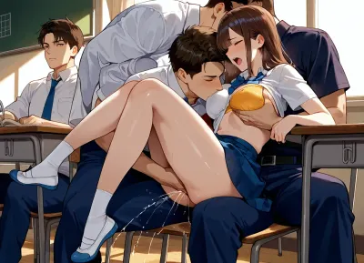 Girl and boys, sitting, studying, between two men.next to a man, classroom. Transparent top, Uniform, panties pulled aside, medium breasts, man fingering her vaginal, violently, passionately, molesting her.cuddling her. Groping her breast.one breast exposed.She is embarrassing, moaning, squirting. Side view