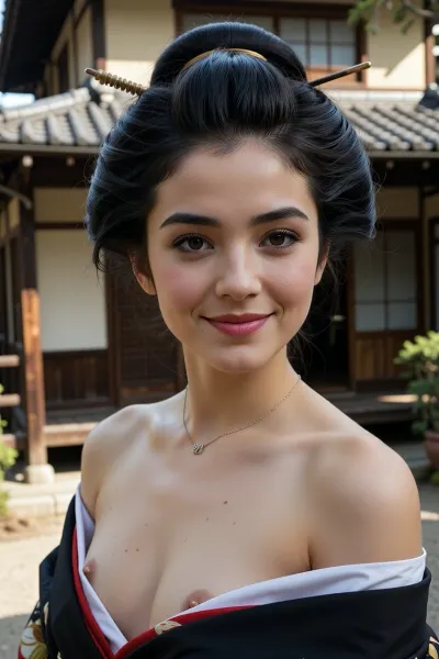 SPECIALS, masterpiece, ultra high quality, photorealistic cinematic photograph, geringe Schärfentiefe, warme filmische Farbkorrektur, SETTING, (Leika, im Hintergrund ist ein traditionelles japanisches Haus, 18 jährige atemberaubende Geisha Leika, Sie hat blasse Haut, normaler Körper, schwarze Augen, großes rundes Gesicht mit breiten Wangenknochen, kurzes Kinn, hohe Stirn, schmale dünne Lippen, schwarzes langes glänzendes hochgestecktes Haar mit Stäbchen, eng stehende Augen, sie hat sehr kleine Titten, jugendlich, ihr Gesicht ist eie japanische Geisha make-up geschminkt), OUTFIT, (((Halskette, Fußkettchen, sie trägt ein traditionelles Geisha Kostüm))), POSE, ((((Leika steht laziv vor dem traditionellen japanischen Haus, lächelt sie warm und verführerisch)))), KAMERA, (((((3/4 Blickwinkel, breiter Blickwinkel))))), PRIORITY FOCUS
Geisha-make-up