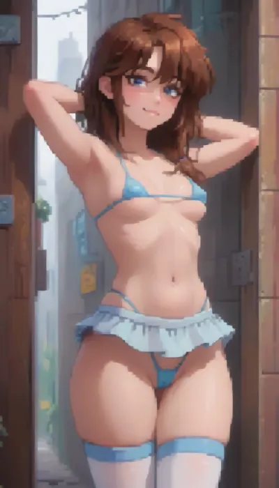 Stylized pixel art, bratty eighteen year old tight bodied girl, toned fit gym body, thick thighs, wide hips, pert round ass, toned stomach, small breasts, with long brown hair, wearing black glasses and a tiny crop top and string thong. She has a playful, cheeky expression, smirking flirtatiously, standing in a, (futuristic city alleyway, at night, lit by, neon light, refelections, rtx), her hands are against the wall and she is being, Her outfit includes knee-high, micro bikini, micro skirt, thigh-high stockings. Retro anime pixel aesthetic, soft halftone shading, vibrant colours, black background, cute and energetic pose — 16-bit inspired sprite style., pixel, art, <lora:ratatatat74-000050:.2>, <lora:outline_xl_kohaku_delta_spv5x:.8>, <lora:cartoon_stickers_xl_v1:1.6>, <lora:NEOTOKIOXL_0.2_RC:1.1>, <lora:pixel_stormXL:1>