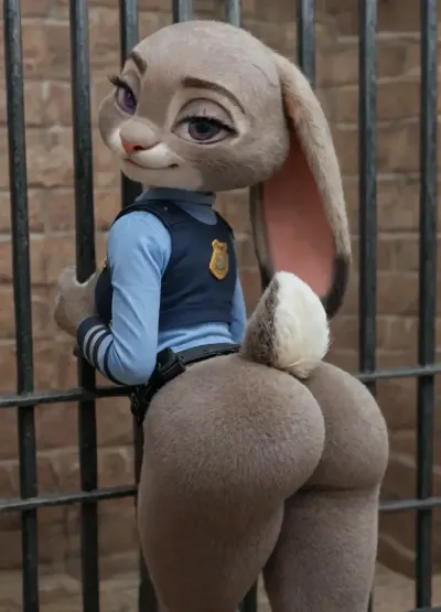 (Furry, Judy Hopps from "Zootopia":1.7), ((Disney)), rabbit, wearing officer uniform, in jail cell, seductive smirk, bubble butt, looking at camera