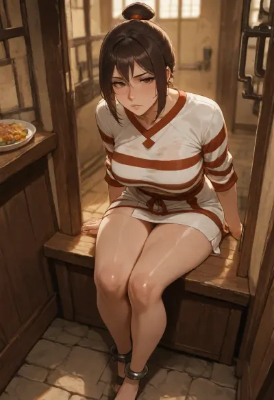 masterpiece, best quality, absurdres, newest, highres, very aesthetic, 1girl, solo, suki, (avatar), avatar the last airbender, mature female, adult, nsfw, light brown skin, brown hair, tied hair, brown eyes, looking at viewer, medium breasts, athletic, toned, prison clothes, simple tunic, sweat stains, ankle chain, floor ring, bruise on ankle, sitting, leaning forward, through doorway, through window, meal slot, food slot, small rectangular opening, metal door, iron frame in foreground, prison cell, dim torchlight, heat haze, dramatic lighting, depth of field, detailed face, detailed eyes, intricate details