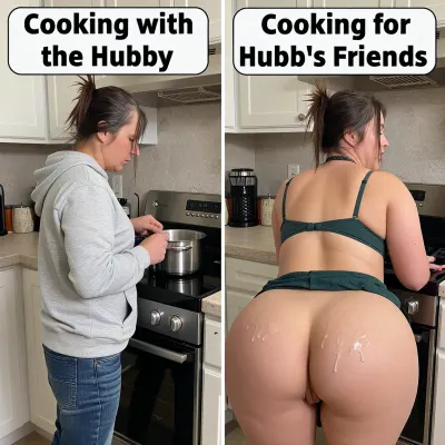 side-by-side two pictures of a mature 53yo italian hotwife, enormous obese body, with messy brunette hair with few gray strays in very messy punk style, standing in her kitchen, stands at the oven working at a cooking pot. On the first picture on the left she is fully clothed, she is bored, wears an old sweatshirt and jeans, generate a big text box in the upper left corner, "Cooking with the Hubby". On the second picture on the right she only wears sexy dark green bra and a apron, she is horny, her huge ass is naked, gluteal cleft spread wide open, detailed view of her asshole, with collar and leach, she is full of cum, cum smeared asshole, cum on her buttocks generate a big text box in the upper right corner, "Cooking for Hubbys Friends"