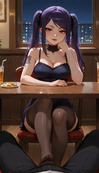 Pov, jill stingray, cute goth girl, solo, fit perfect body, (slim:1.3), medium breasts, tattooed body, black lace dress, black lace stockings, long black hair, pigtails, (black gothic makeup), black eyeshadow, (naughty face), (sexy:1.5), couple dinner, sitting at the chair facing the viewer, (footjob under the table), (her legs under the table), through the mans black pants, (restaurant), (night time), 4ng3l, face, green, eyes, blue, brown, perfecteyes, <lora:SDXL_BetterFaces-LoRA_v1:.8>, <lora:add-detail-xl:.8>, <lora:PerfectEyesXL:.8>