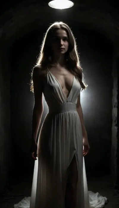 extremely sexy petite ukrainian cutie in a luminous glowing white dress, cute, sexy, smiling, petite, slim, slender, big perky breasts, long hair, necklace, WW2 shelter, bunker, dark, (white glowing dress:1.4), <lora:dark:.3>, angelicism, <lora:angelicism:.8>