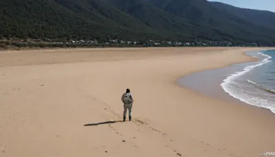 each color is solid and separated from the other by a thin line of a darker shade, bright yellow sand beach with the dunes which contours outlined by dark brown lines in the foreground flows into the soft shapes of the high mountains in the background, their contours outlined by dark grey lines, sky is dark blue, turning into purple in the distance, with red reflections over the mountains, it must be evening, aquamarine of the reservoir complete width of the field of view separates the beach from the mountains on the horizon, lonely small figure of a human in bright silver metal spacesuit with black face shield stands in foreground on the beach, lonely trail of footprints stretches across the sand from the human to the edge of the image, the human moves away from the viewer, visible from the back or from aside, laconism and graphics in the drawing of landscape evoke poster in constructivism style and enhance the dramatic effect, is enhanced by the light, which gives almost no shadows, the image is a symbol of loneliness and lostness in space