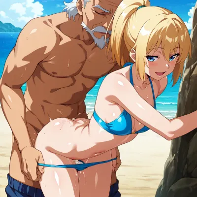 Masterpiece, (Fit body girl, 20 years old, blonde ponytail, bright blue eyes, small tits, blue bikini, bottom pulled down), (skinny old man), standing sex, beach, shiny skin, happy, hugging from behind, semen on inner thighs, best quality, (((anime art style)))