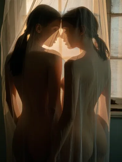 Fine art cinematic photography, Francesca Woodman aesthetic, extreme soft focus, heavy analog grain, Kodak Portra 800 pushed two stops, warm amber and deep shadow, the blur the primary mood of the image.

Two very yyoung woman behind a sheer curtain, rear view, her form entirely dissolved through the gauze, dark hair loosely pinned, the curtain between the viewer and the figure absolute, she exists as suggestion rather than subject.

A soft golden backlight through the curtain, the light through the sheer fabric in warm amber and gold, the curtain catching and diffusing the light into something molten, deep shadow at the edges consuming the frame. A rustic window barely visible behind sheer curtains. Extreme soft focus throughout, nothing sharp anywhere in the frame, the woman dissolved into light and gauze and grain, warm amber and deep green shadow, intimate and voyeuristic, glimpsed not seen, the curtain keeping its secret.
