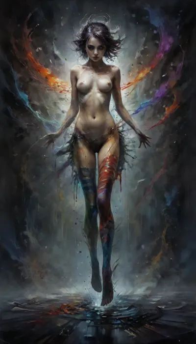 windblown hair, nude, shaved pussy, free-standing colorful striped stockings, wet-on-wet ink painting image, dreamlike background, gothic, dull colors, cool colors, subatomic, NightScapes, drkms, <lora:Subatomic:.7>, <lora:NightScapes_XL14:.9>, <lora:DarkGrimFantasyXL-000004:.7>, <lora:InkWashpainting:1.3>