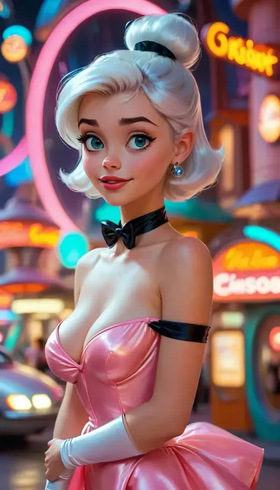 Sexy 20-year-old Judy Jetson in the retro-futuristic town of Orbit City from The Jetsons, very large breasts, semitransparent pink dress, cleavage, completely white hair, hair up in ponytail with black ribbon, innocent smile, bare hands, full body, <lora:MJ52:.8>, <lora:Animated_Concept:1>