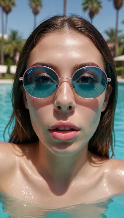 5000000010.41, Ultra-detailed close-up portrait of a young woman half-submerged in a turquoise pool, oversized patterned sunglasses with pink-tinted reflective lenses, detailed reflection, showing a luxury resort, palm trees and poolside buildings, wet lips slightly parted, slicked-back wet hair, warm golden-hour sunlight and subtle sun flare, realistic water reflections and ripples, cinematic shallow depth of field, glossy skin, natural makeup, photorealistic, 8k, octane render, fashionable, stylish