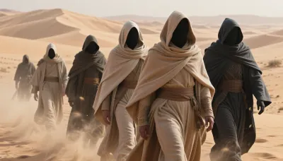 cinematic shot of a group of mysterious figures walking through a vast desert, inspired by the aesthetic of Dune, hooded cloaks, heavy fabric draping, face-concealing hoods, faceless, sand-dusted textured robes in shades of beige, sand, and dark charcoal grey, hazy atmosphere, swirling dust particles, desert landscape, soft diffused sunlight, desert planet, ethereal and epic scale, high detail, sharp focus, cinematic lighting, dramatic shadows, wide angle, desert dunes in background, 8k, photorealistic, intricate textures, masterpiece, moody, atmospheric.