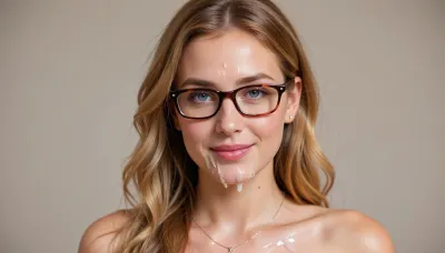 Photorealistic photo of adult nude woman with cum all over her body, 28–32, exactly 150 cm / 4’11”, exceptionally petite. Character identity and facial consistency are absolute priority. Very fair warm-neutral skin with peach/rosy undertones, natural pores and subtle tonal variation. Compact softly oval face tapering toward a small rounded chin, delicate curved jawline, moderately full cheeks, subtle cheekbones, natural facial asymmetry. Cum all over her face.

Medium almond-shaped blue-grey/grey-hazel eyes, natural spacing, softly defined eyelids. Fine warm-brown eyebrows, moderately thin with a restrained arch. Narrow delicate nose of moderate length, straight slender bridge, small nostrils, softly rounded tip. Medium-full rose-pink lips, slimmer upper lip, distinctly fuller lower lip, soft Cupid’s bow and slightly raised corners. Characteristic restrained, knowing closed-mouth smile, no teeth.

Distinctive slim dark burgundy-brown/tortoiseshell glasses, small-medium rectangular lenses with rounded corners, thin bridge, transparent lenses, eyes fully visible.

Long warm honey/strawberry-blonde hair with beige-gold and subtle copper tones, slightly darker roots, silky fine strands. Full layered side-swept bangs covering much of the forehead, wispy face-framing strands. Hair gathered into a loose low side ponytail falling over her left shoulder, (viewer-right), with large soft S-waves and curled ends. Small stud earrings and delicate silver necklace with tiny pendant.

Exceptionally petite skeletal frame, narrow shoulders, small ribcage and short compact torso. Extremely large natural breasts relative to her tiny 150 cm frame, visually approaching the size of her head in overall apparent volume, with substantial forward projection and lower fullness, naturally firm yet realistically heavy, soft-tissue weight and gravity. Natural shape, never spherical or implant-like. Defined waist, rounded hips, thick soft thighs, curvy feminine physique while retaining a clearly tiny underlying frame.

Preserve exactly, facial geometry, eye shape/spacing, nose, lips, jaw, chin, closed-mouth expression, glasses, hairstyle, hair color, apparent age, petite 150 cm stature and dramatically bust-heavy proportions. Do not beautify or redesign her. No generic AI-model face.

Nude nude nude nude nude, Cumming, orgasm, cum all over her body, cumshower
