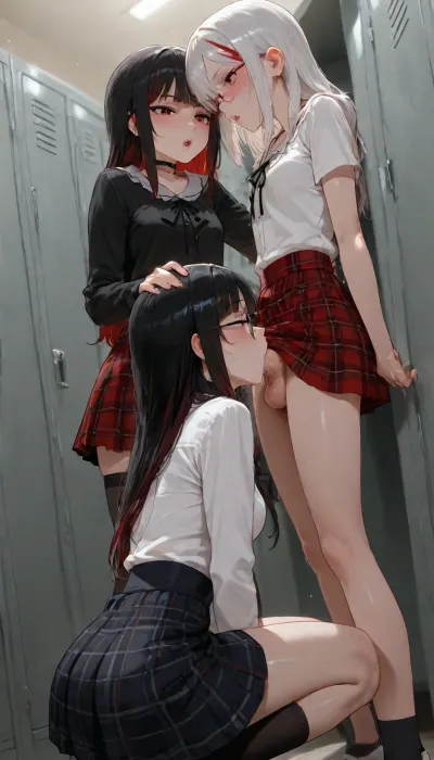 skinny femboy, futa, white hair with red highlights, thick glasses, wearing plaid skirt and white blouse, on knees in locker room, getting blowjob from two Goth girls, (threesome)