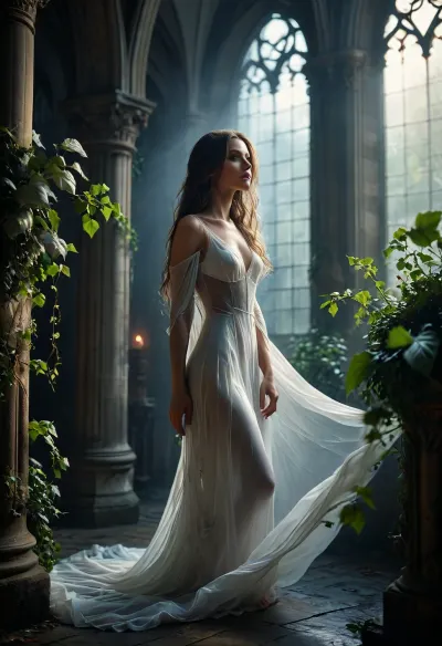 (Dark Fantasy Artwork), artistic, low angle, 40 yo, belle caucasian female, long straight hair, flowing white mesh silk, revealing, slender, gothic cathedral background, ivy, flowing light, ethereal, intricat, dark and moody atmosphere, mystical, elegant, fantasy, natural beauty, /KlTTY-ART/, <lora:COMFYUI_mimic_landscape_-_XL_SDXL v2.0:.1>, <lora:MJ52:.1>