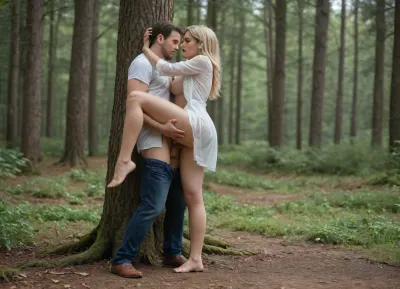 a full bodies view of a 29 years old plump and super short girl and large man, very short girl, (((girl in unbuttoned wide opened super transparent white blouse))), downbloused, nude breasts, girl with super light blond hair, girl with super long hair, full bodies view, girl is being forced to have vaginal intercourse by a super slim large man, girl standing upright at tree, side view, being fucked in the pussy by a slim man, green meadow in a forest, day time, the man stick´s penis deep into girl´s vagina, detailed pussy, hairy pussy, (((man full body view))), super tall man, showing the complete bodies, hyper realistic photo, man is standing in front of girl, man is fucking the girl
