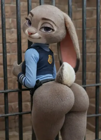 (Furry, Judy Hopps from "Zootopia":1.7), ((Disney)), rabbit, wearing officer uniform, in jail cell, seductive smirk, bubble butt, looking at camera