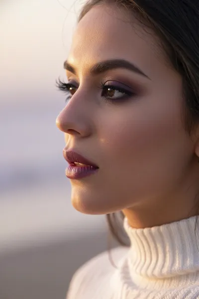 An intimate tight closeup portrait of a sultry Latina woman with an ethereal, soft-focus aesthetic, defined by diffused light. She wears a luxurious white turtleneck sweater.

Long feathery eyelashes with thick winged eyeliner frame her soft brown eyes.
Her dark smokey eye shadow matches the rich purple hues of the deep sunset.
Her soft lips are a dark matte plum. She has high sharp elegant cheekbones and flawless radiant skin.

The scene is enveloped in a powerful but diffused golden-hour glow which creates a luminous light bloom on her skin, dissolving sharp edges in an ethereal haze. The background is a very blurred, dreamlike pastoral pastel lavender-gray coastal sky, soft and bright. Soft focus on her eyes.
The overall mood is an serene contemplation. Shallow depth of field, subtle film grain, light leaks, vintage analog lens. This is a high-key photograph.
The subject is anchored to the right side of the image, using the rule-of-thirds compositional technique.
The image captures extreme realistic details including sharp limbal rings and fine vellus hairs.