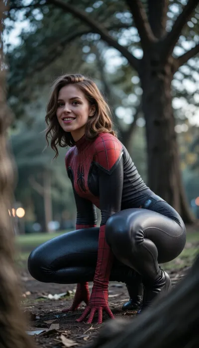 Create a candid snapshot in the style of a late-1990s/early-2000s disposable 35mm film camera, the depth of field is razor-thin, blurring the foreground into soft out of focus, tactile bokeh, nightmare atmosphere, dark and unsettling mood, lower angle view, solo, adult female lookalike Spider Gwen from Spidergirl, anthro, (Spidergirl have her Spider Gwen hair), Spider Gwen small body, 20 years, she is wearing her super_heroine supersuit of her, (very detailed and accurate Spidergirl Spider Gwensuper_heroine supersuit), Spidergirl is squatting, side view, wide hips, round butt, skin tight, squatting, looking at viewer, leotard, looking back, outdoors, from behind, smiling, in a public park, masterpiece, professional image, very detailed image, 4K image, A low-resolution photo taken with an early mobile phone, the photo was taken in an amateur, candid manner, uncontrolled shadows, Use a cheap consumer film camera aesthetic, 35–40mm equivalent lens, moderate depth of field, slight softness, imperfect autofocus, mild vignetting, uneven exposure, and natural perspective. No modern digital sharpness or smartphone processing, cool and muted tones, rust and pale grey palette, analogue film, heavy grain, scratches and film imperfections, Kodak Portra 400 underexposed, cool and melancholic