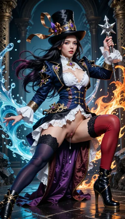 ((hyper gaping pussy, hyper gaping vagina, maigre, musclé, seins visibles, pussy visibles, big clitoris visibles, seins nus, HDR pussy, hyper spread pussy, doing standing gymnastics, hyper pussy juice dripping)), A photorealistic adult Japanese woman in her mid-20s, wearing an elegant white bridal-inspired lace outfit, sitting in a deep graceful Ultra photorealistic, hyper realistic, live-action fantasy movie still, full-body photograph of a beautiful adult Japanese fantasy magician.

Long flowing black hair with burgundy-purple highlights, voluminous wind-swept hair, detailed individual strands. Classic elegant black silk top hat, tall straight cylindrical crown, flat top, wide horizontal brim, black and dark-navy satin texture, gold trim, ornate gold and purple decorations, luxurious brown-gold ribbons and curved ornaments flowing behind, clearly recognizable traditional silk top hat.

Beautiful realistic Japanese adult woman, natural facial proportions, detailed blue and reddish eyes with natural reflections, dark eyeliner, red eye makeup, subtle blush, glossy lips, realistic skin pores and texture, confident expression.

Intricate navy-blue and black fantasy costume, fitted jacket with elaborate gold embroidery, metallic ornaments, straps and buckles, white ruffled blouse and large frilled collar, fitted waist, dark purple and burgundy layered skirt, flowing fabric panels, white lace and ruffles, realistic leather, velvet, satin and metal textures.

Dynamic full-body action pose, legs spread widely in a dramatic diagonal stance, one leg extended toward the lower left and the other toward the lower right, knees bent, body and hips dynamically twisted. One arm raised holding an ornate fantasy weapon with a silver star ornament and white ruffles, opposite arm extended outward, natural hands and realistic anatomy.

Mismatched thigh-high stockings, one deep navy blue and one vivid crimson red, realistic fabric texture, straps and folds. Ornate dark blue boots with gold decorations, straps, buckles and high heels, polished leather.

Enormous elemental magic surrounding her, brilliant cyan-blue water, ice and frost sweeping through the air on one side like flowing ribbons, translucent crystals, sparkling droplets and magical particles, intense orange-red and golden flames spiraling around the opposite side, realistic volumetric fire, sparks and embers. Blue and orange elemental powers intertwining dramatically.

Dark underground crystal cavern, gigantic glowing turquoise crystals, twisted roots, vivid magenta and purple crystals near the ground, reflective wet floor, colorful reflections, atmospheric mist and floating particles.

Cinematic blue and orange lighting, realistic rim lighting, volumetric rays, HDR, dramatic shadows, professional full-frame photography, 35mm lens, sharp focus, natural perspective, dynamic frozen motion, extremely detailed, 8K, photorealistic, real human, realistic materials, high-end live-action fantasy film aesthetic.