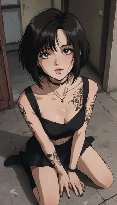 Markgavatino style, (retro anime:1.8), masterpiece, ((creamboyo sensei art style:1.7), (kittew art style:1.3)), sexy emo woman, lots of tattoos, lots of piercings, dark hair, asymmetric bob cut, pale skin, scene outfit, short skirt, emo hair, large lips, cum leaking from mouth, cum dripping from chin, cum stained top, full body view, kneeling beneath you, looking up at you, view from above, <lora:outline_xl_kohaku_delta_spv5x:1.1>, <lora:EnvyBeautyXL02:.4>, <lora:mk_Bp Anime_xl:1>, <lora:NEOTOKIOXL_0.2_RC:2>