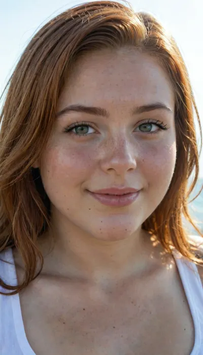 Close up, gorgeous bbw face, beaty bbw, no makeup, thick lips, round face, stunning chubby face, ginger hair, sun rays, smile