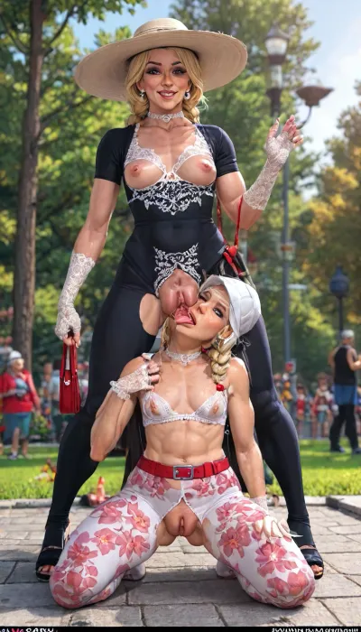 (Zoom on 3/4 body view:1.4), (2women:1.6), (different ages:2), (different weight:1.5), (kneeling mom licking stepdaughter's vagina from behind, cunnilingus:1.5), (old mature Mom and skinny petite young little Stepdaughter posing together:1.6), perfect makeup, blonde pigtails, sunhat, (red belt:1.3), is at a busy and crowded living public park, standing, walking, (She is wearing white floral crotchless thick Lycra bodysuit:1.2), (perfect white lace gloves:1.4), white choker, (vintage white lace big cups cutout bra:1.2), (white floral pantyhose:1.3), (big labia cameltoe:1.6), (gaping vagina:1.3), (glossyshiny skin:1.5), (crotchless thick Lycra bodysuit:1.4), (big pierced big nipples big rings:1.4), (25 years old stepdaughter), (55 year old mom), (thin waist), (Mom have hyper massive saggy boobs:1.5), perfect 2 legs, perfect 2 hands, (perfect 5 fingers), (only one elegant bag:1.2), no angle, no gradient, longnips, face_refiner, t1ff5nyt5l0r, 1woman, cunnilingus, 2girls, girl, licking, pussy, <lora:longnipsxl:2>, <lora:LCMTurboMix_Euler_A_fix:.4>, <lora:detailed_notrigger:2>, <lora:Tiffany_Taylor:2>, <lora:Cunnilingus XL:2>